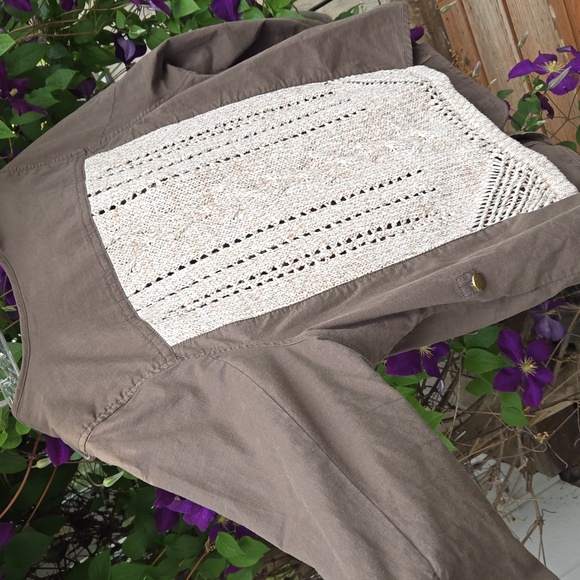 DEMOCRACY EUC Army Green jacket w Beige crochet back panel SZ. 2X - Picture 9 of 11